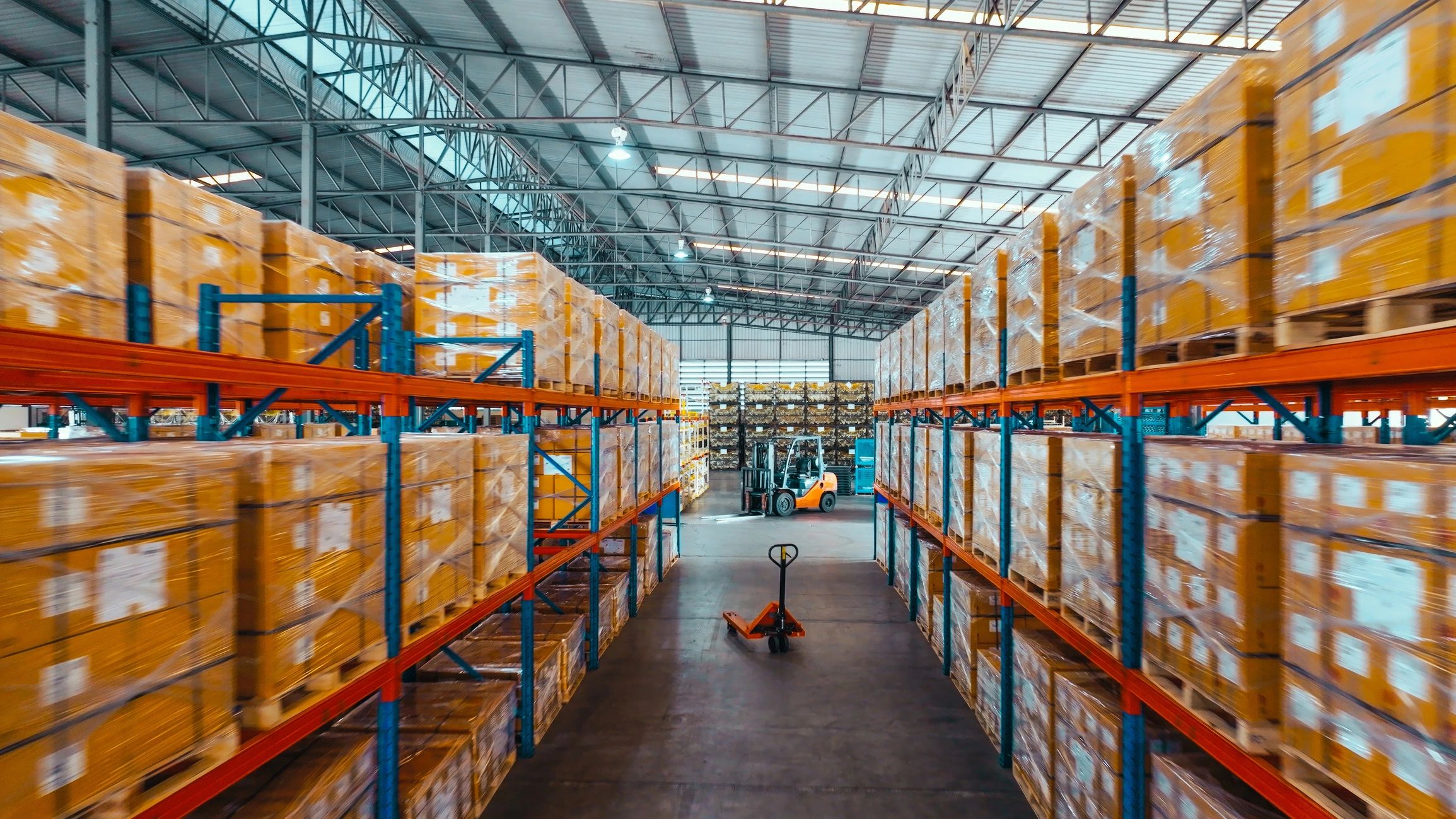 Warehouse shelving stocked with building materials